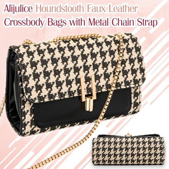 Luxury Houndstooth Crossbody Clutch with Metallic Chain & Rabbit Doll - Picture 6 of 7